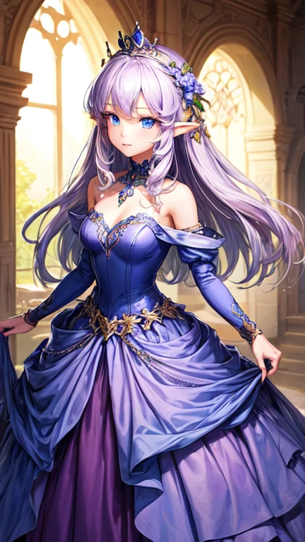 ((best quality)), ((masterpiece)), (detailed), anime elf queen, light purple hair, blue eyes, with magic wearing a ballgown