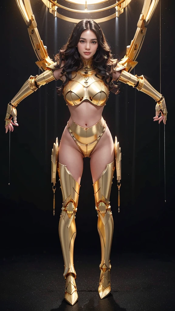 Best quality, Masterpiece, (((1girl))), extremely beautiful, makeups, (robotic arms:1.3), ((gold arms armor:1.4)), (robotic legs:1.3), ((gold legs armor:1.4)), luminous cybernetics body, wavy hair, hair blown by strong winds, tight latex panties, tight latex bra, (((full body))), posing in the middle, symmetrical pose, from below, ultra realistic, ultra details, volumetric lights, expansive natureview background, night, beach, octane rendering, backlight, high texture details,