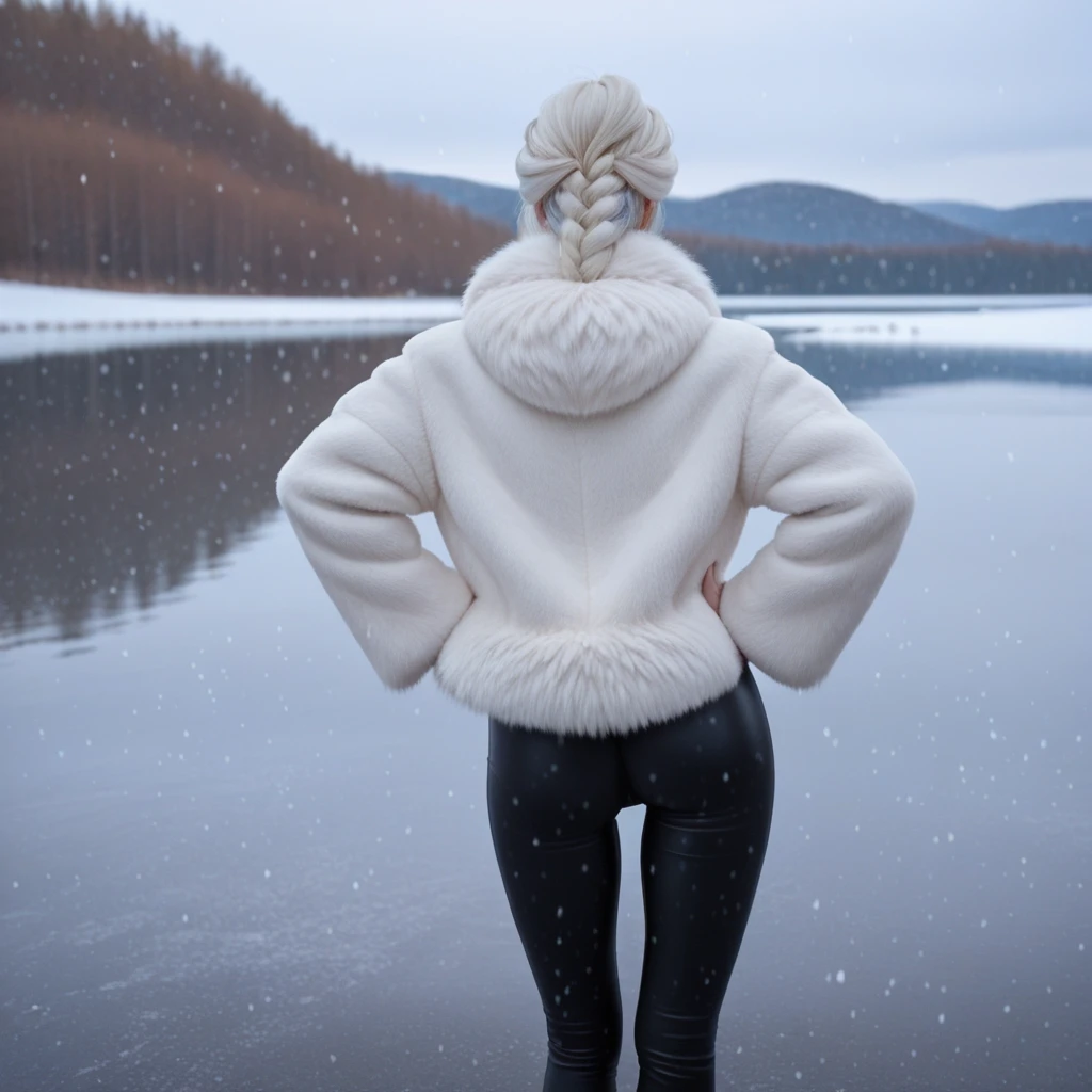 perfect beautiful woman, white hair, from behind, black leather tights, light winter white fur coat, posing, hands on hips, rich, goddess, 1 girl, alone, sensual, frozen lake, ice, snowfall, snowflakes, Masterpiece, ultra detailed.