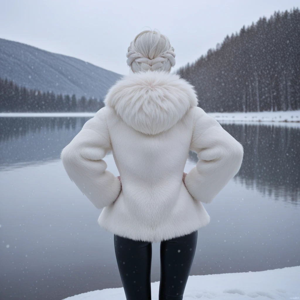 perfect beautiful woman, white hair, from behind, black leather tights, light winter white fur coat, posing, hands on hips, rich, goddess, 1 girl, alone, sensual, frozen lake, ice, snowfall, snowflakes, Masterpiece, ultra detailed.
