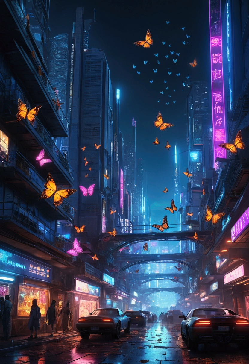 (masterpiece), best quality, ultra high res, sharp focus, natural shadow night, eye catching scenery, beautiful glowing butterflies at night, in the cyberpunk city