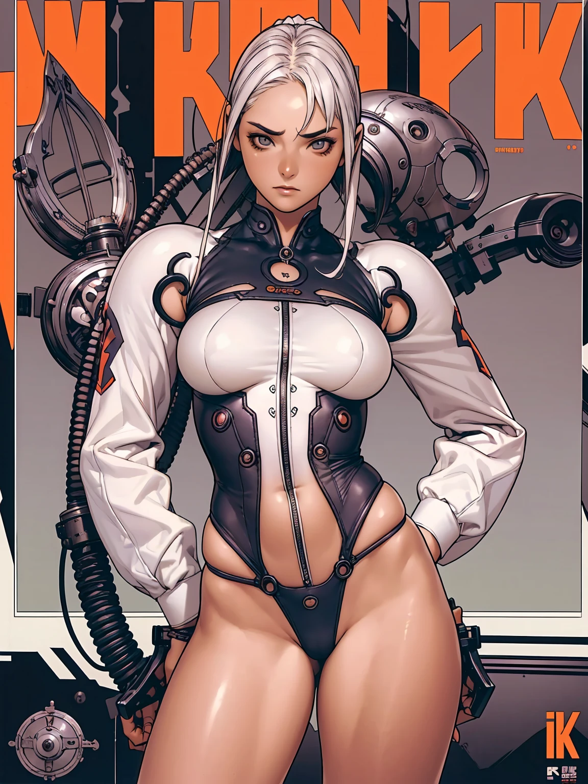 (((best final quality))), (((white bob hairstyle))), ssmile(((standing alone:1.2))),(((1 girl:1.2))),((((beautiful perfect woman)))),(((perfectbody detalhado, perfect finger detailed))),((((((final film poster)))))),(((to burst, close up))),((((detailed complicated machine)))),(((((mechanical genius))))),(((American comics))),(((extreme highlights))),(((extremely colorful, primary colours))),neckleace, super beautiful lady,(((Typography))),text, (Unbeatable masterpiece), (hiper HD),(CG 8k hyper-realistic), (((brave face))), (((breasts big))), (((hyper feminine))), (((musclegirl))), sexly girl, king of fighter,(straight hair with thin braids)), ((( sculptural body ))), (((1 girl))), garota de 25 anos com perfectbody,,Beautiful and well-groomed face,muscular body:1.2,solid color detailed jacket, (Head to thigh photos), Complex equipment, (((standing alone))), pirralha violent, ((())), sexly, pose de atitude, work of art, post-apocalypse, (((manga style))), bounty hunter, violent, Manic, the way you want, slenderbody, thin but strong, perfectbody, roupa moderna, advanced technology, neon, sleeves with vertical striped pattern, intricate background, (( cowboy shot )). intricate visual