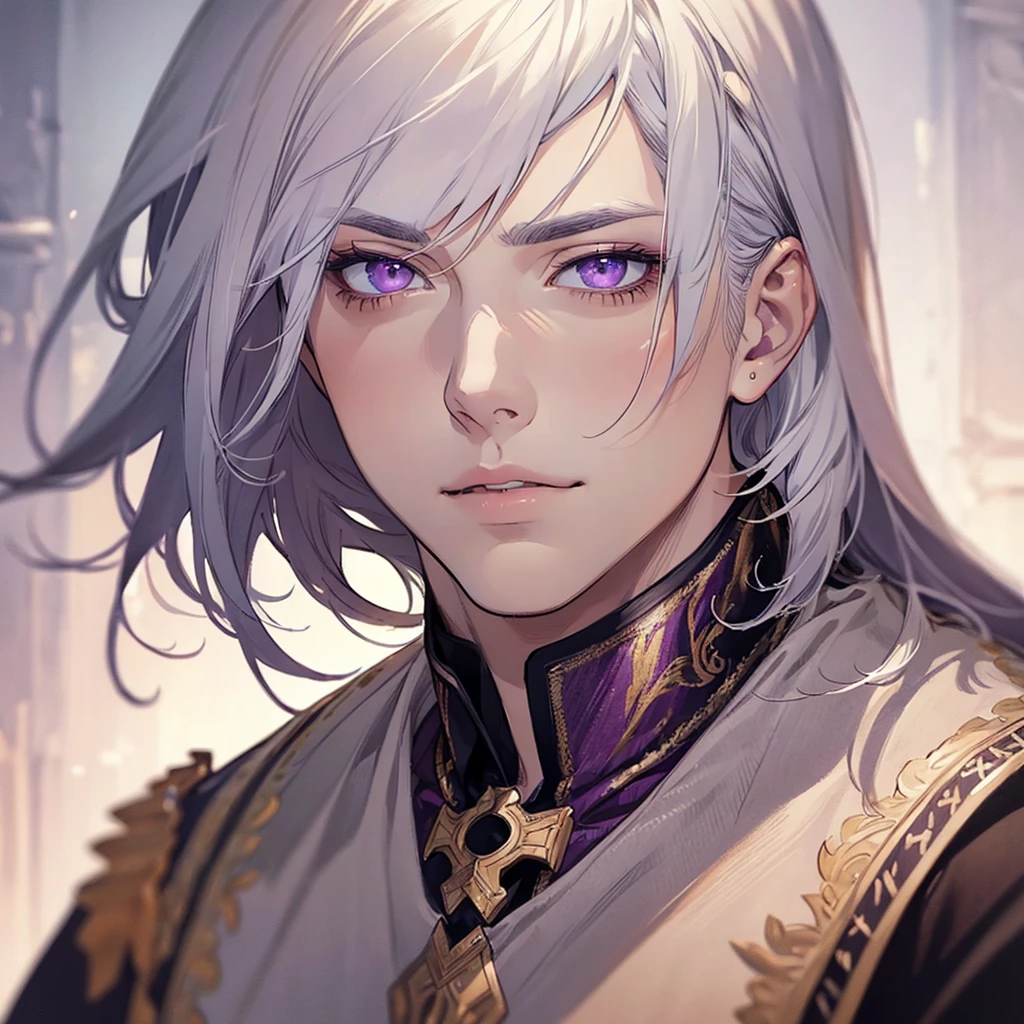 "(best quality,ultra-detailed,realistic:1.37),Medium,portrait,purple eyes,white hair,Man with medium hair,Fine painting style,Detailed facial features,attractive male appearance"