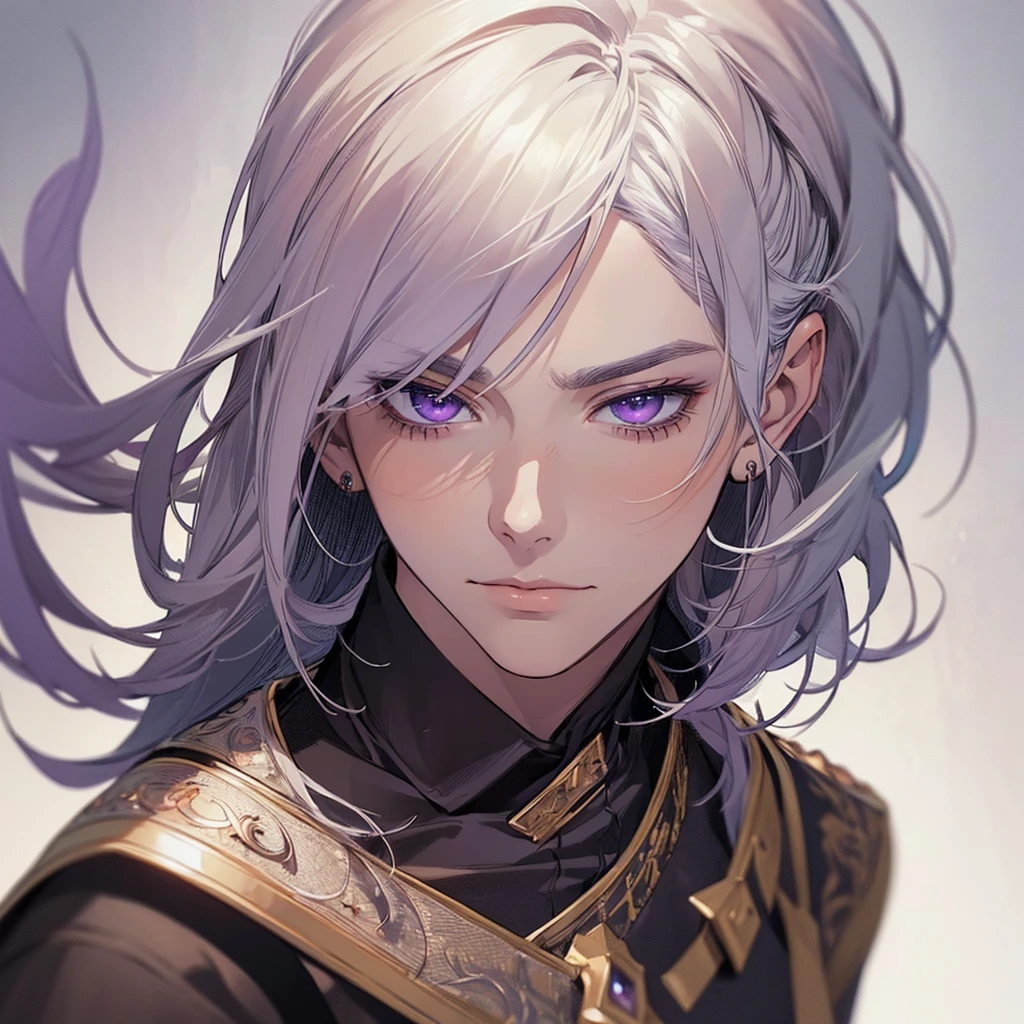 "(best quality,ultra-detailed,realistic:1.37),Medium,portrait,purple eyes,white hair,Man with medium hair,Fine painting style,Detailed facial features,attractive male appearance"