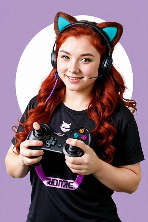 Anime dwarven woman with red wavy hair and purple eyes holding a gaming controller and wearing a kitty headset
