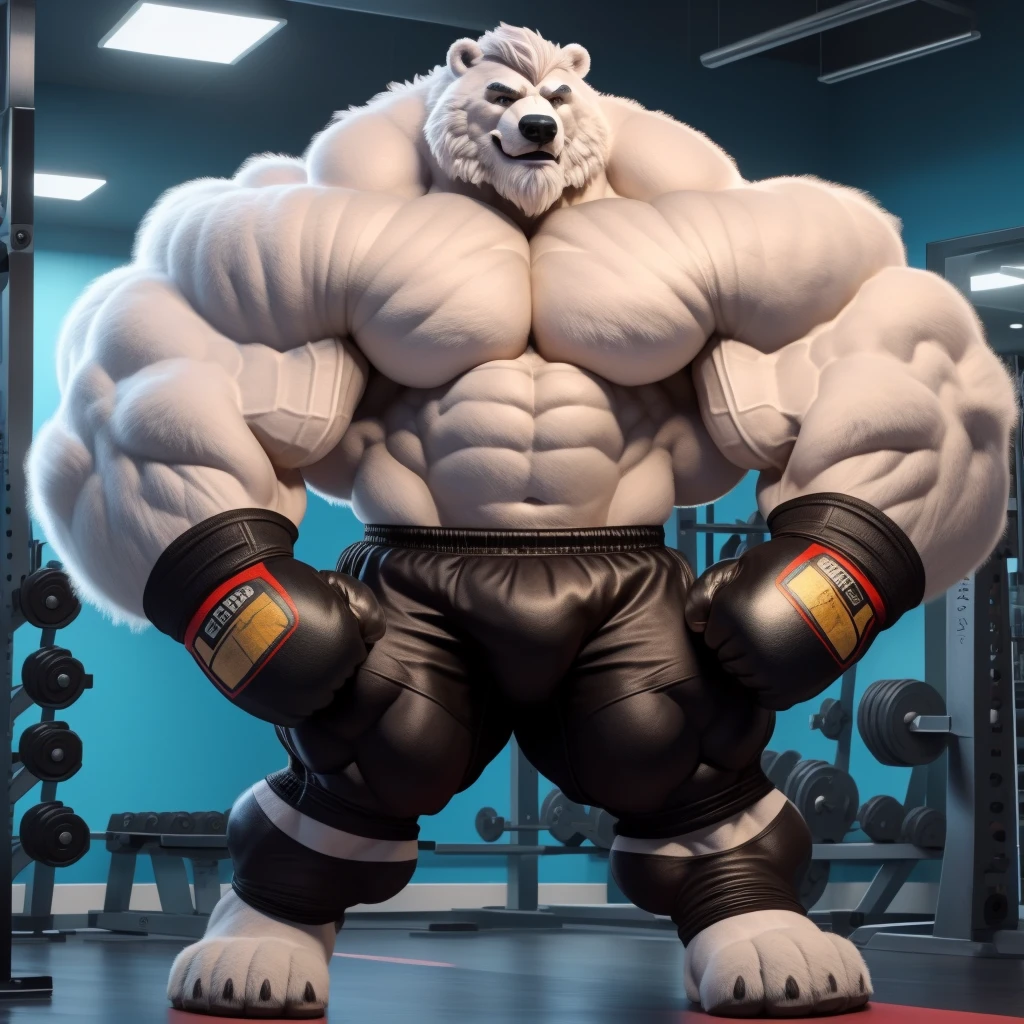 solo, 1boy, Huge Muscular White Polar Bear, huge white fur, pectoral, huge pectoral, wide pectoral, short white hair, ((really big muscle, massive muscular, sixpack, thick arms, huge fluffy white fur, wide pectoral, super huge muscle, hyper muscular, over sized muscle, huge arms, big arms, huge pectoral)), black kickboxing shorts, black toeless wootwear, fingerless kickboxing fighting gloves and shirtless and topless, white bearded, white Mustache, white fur, grey eyebrows, gym fitness center background, masterpiece, high detailed, 8k, high resolution, at the gym, flexes huge thorax, looking at the viewer, acting all hunk