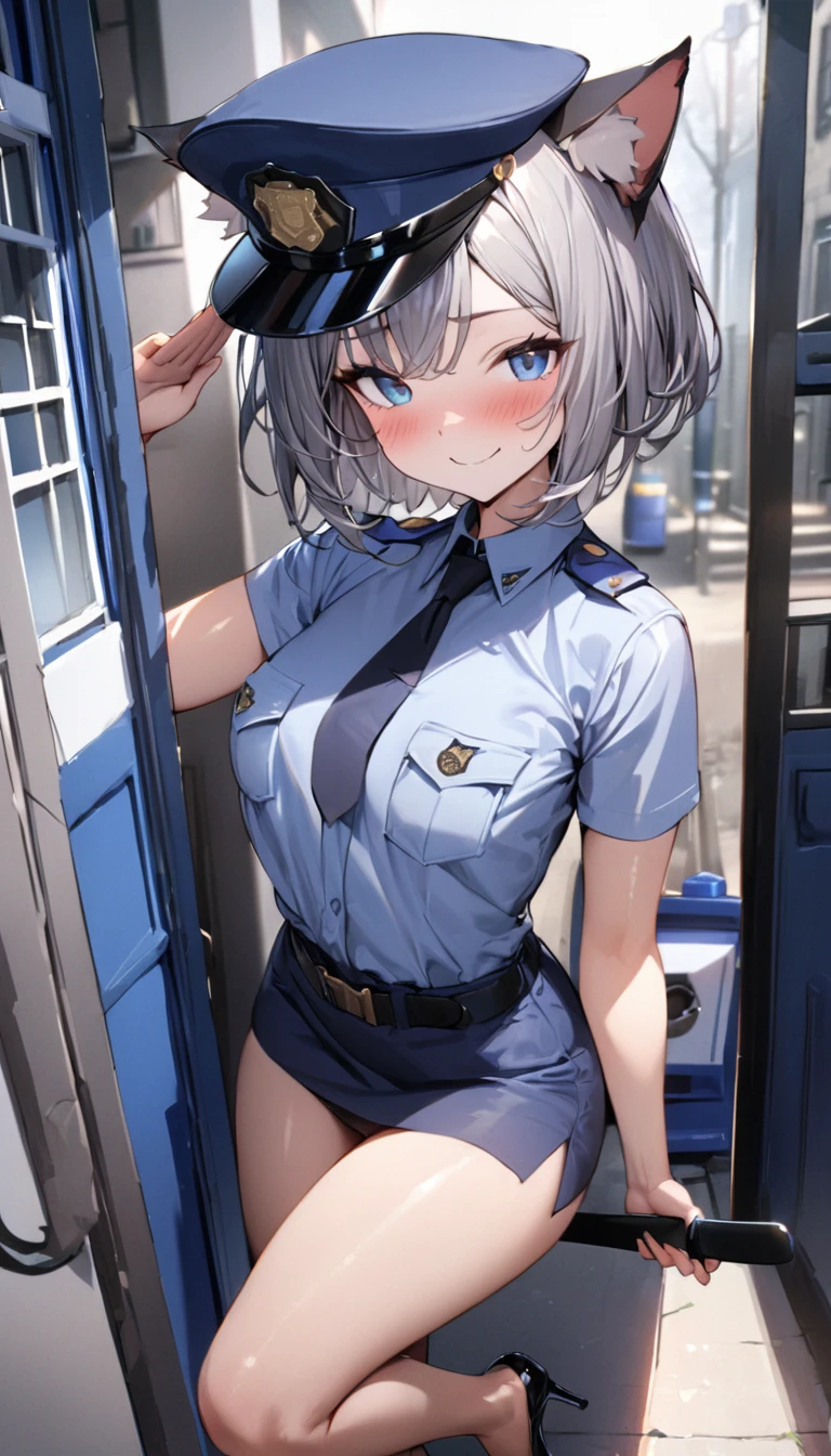 1girl、(((best quality)), ((masterpiece)), (details), masterpiece, best quality, high quality, ulutra detailed, perfect face, ((1girl, Blue eyes, cat ears: 1.3 silver bob hair: 2.5,)) 、Shiny Hair、Glowing Skin、blush、Lustful look、whole body、Police Officer Costume、Police hat、Black stiletto heels、salute、Embarrassed smile、Holding a Japanese sword、police box、Police Station Background