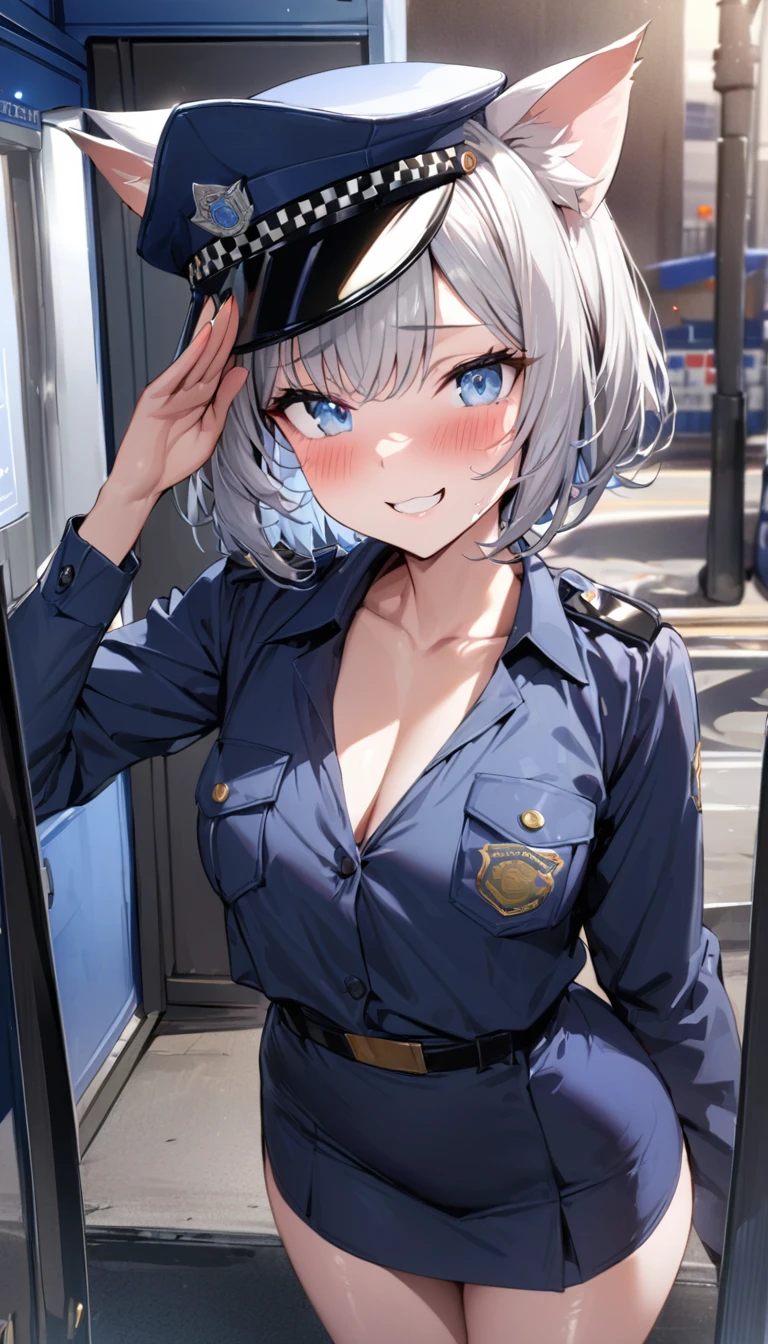 1girl、(((best quality)), ((masterpiece)), (details), masterpiece, best quality, high quality, ulutra detailed, perfect face, ((1girl, Blue eyes, cat ears: 1.3 silver bob hair: 2.5,)) 、Shiny Hair、Glowing Skin、blush、Lustful look、whole body、Police Officer Costume、Police hat、Black stiletto heels、salute、Embarrassed smile、Holding a Japanese sword、police box、Police Station Background