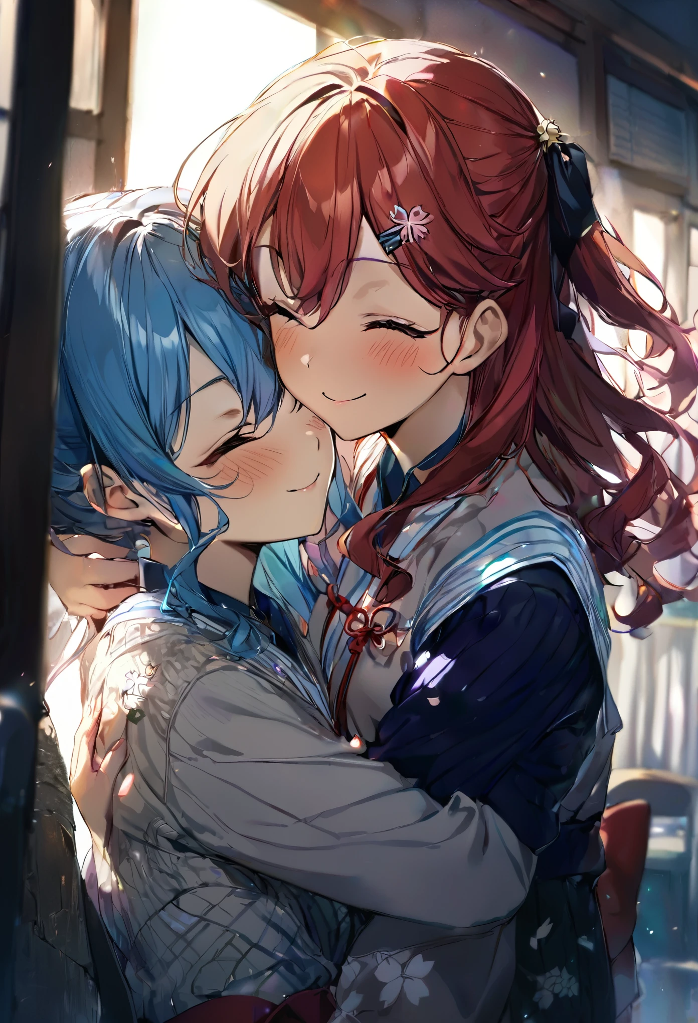 (((2girls))), together, two people, masterpiece, best quality, integrated scenery, integrated background, extremely delicate and beautiful, meticulous details, good composition, closed_eyes, cute face, perfect face, perfect hands, fingernails, sakura miko, SakuraMiko, HoshimachiSuisei, hoshimachi suisei, blurry background, sunlight, light blush, ((school)), upper body, looking each other, smile, , (hugging each other),in_school,sunlight,kissing,happiness,