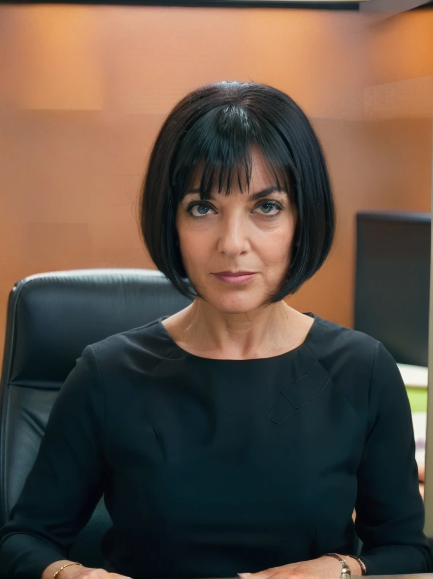 score_9, score_8_up, score_7_up, score_6_up, score_5_up, score_4_up, mature businesswoman sitting in office looking at viewer, black hair, blunt bangs, sharp bob haircut, 