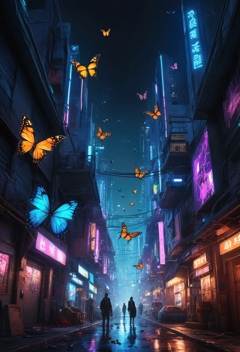 (masterpiece), best quality, ultra high res, sharp focus, natural shadow night, eye catching scenery, beautiful glowing butterflies at night, in the cyberpunk city