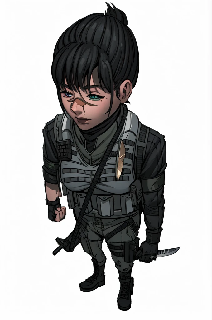 a cartoon drawing of a woman with a knife and a backpack, girl, heterochromia eyes, big breasts, comic book style, female lead character, detailed character art, official character art, character art closeup