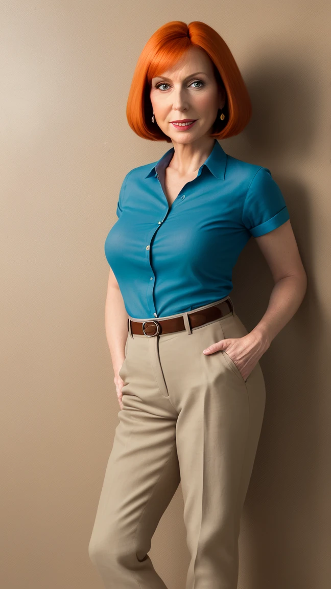 | ((masterpiece, best quality)),(complex light), 1woman, full body, solo, Lois Griffin, short burnt orange hair, seductively smiling, teal (untucked:1.25) collared button-down shirt (rolled up sleeves:1.15), linen beige pants, eggplant purple ballet flats shoes, simple background, standing, sexy pose, cyberrealism, 345% accurate, 345% detailed, 345% actual