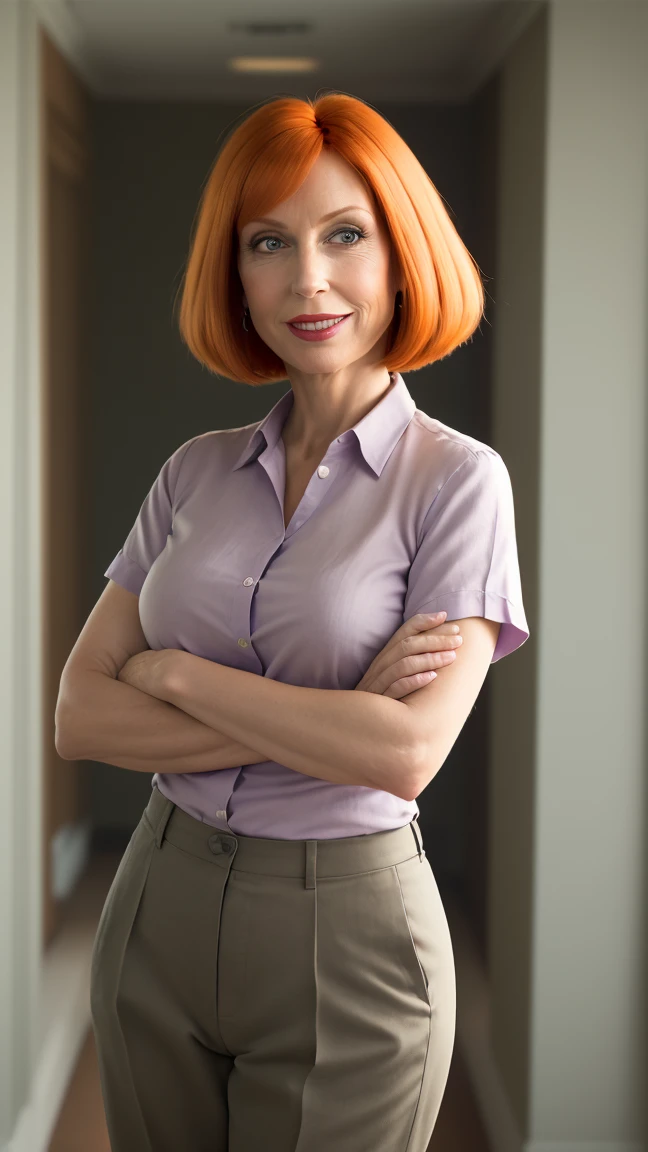 | ((masterpiece, best quality)),(complex light), 1woman, full body, solo, Lois Griffin, short burnt orange hair, seductively smiling, teal (untucked:1.25) collared button-down shirt (rolled up sleeves:1.15), linen beige pants, eggplant purple ballet flats shoes, simple background, standing, sexy pose, cyberrealism, 345% accurate, 345% detailed, 345% actual