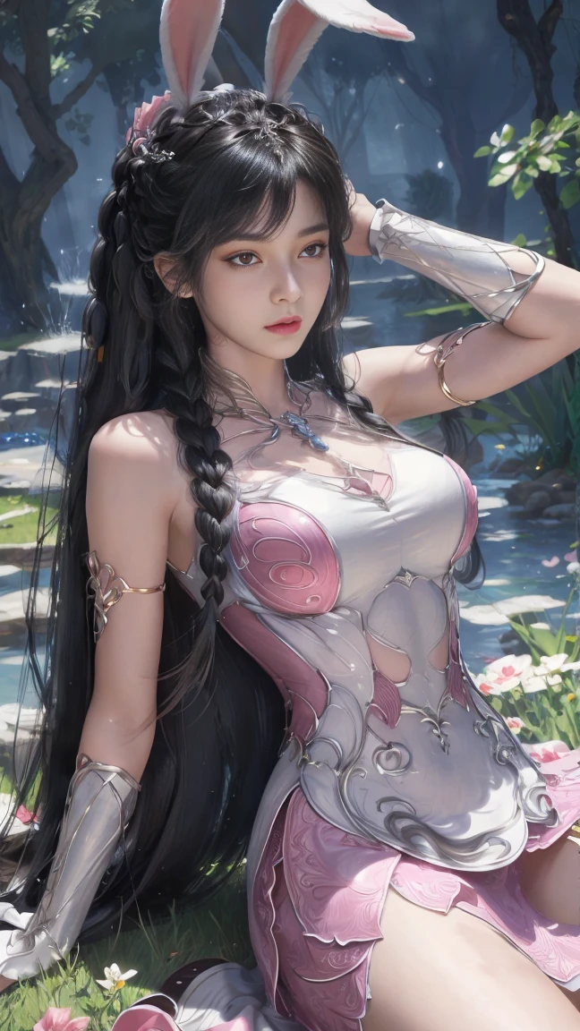 (1 girl:1.3), alone, __body parts__, official art, unified 8k wallpaper, Super detailed, Beautiful and beautiful, masterpiece, best quality, raw, Super detailed photos, best quality, ultra high resolution, Photorealism, Sunlight, whole body portrait, amazing beauty, delicate face, vibrant eyes, (from the front), Detailed face, Gorgeous, highly refined skin, Realistic skin details, visible pores, sharp focus, Volumetric fog, 8k Ultra HD, SLR camera, high quality, film grain, White skin, Photorealism, black hair, black hair, breast, open eyes, Slit sleeves, skinny, transparent, pink, reveal belly button，, transparent panties, pink, twisted braids, long braids, jewelry, Gold fittings, Gorgeous accessories, complicated, delicate lips, long hair, medium huge breast, outdoor, close lips, petal, peach blossom, Rabbit ears, pink Rabbit ears, Permanently installed, dynamic poses, whole body, full body