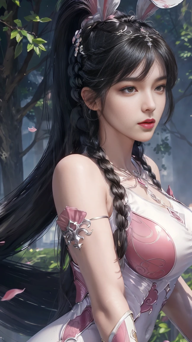 (1 girl:1.3), alone, __body parts__, official art, unified 8k wallpaper, Super detailed, Beautiful and beautiful, masterpiece, best quality, raw, Super detailed photos, best quality, ultra high resolution, Photorealism, Sunlight, whole body portrait, amazing beauty, delicate face, vibrant eyes, (from the front), Detailed face, Gorgeous, highly refined skin, Realistic skin details, visible pores, sharp focus, Volumetric fog, 8k Ultra HD, SLR camera, high quality, film grain, White skin, Photorealism, black hair, black hair, breast, open eyes, Slit sleeves, skinny, transparent, pink, reveal belly button,, transparent panties, pink, twisted braids, long braids, jewelry, Gold fittings, Gorgeous accessories, complicated, delicate lips, long hair, medium huge breast, outdoor, close lips, petal, peach blossom, Rabbit ears, pink Rabbit ears, Permanently installed, dynamic poses, whole body, full body