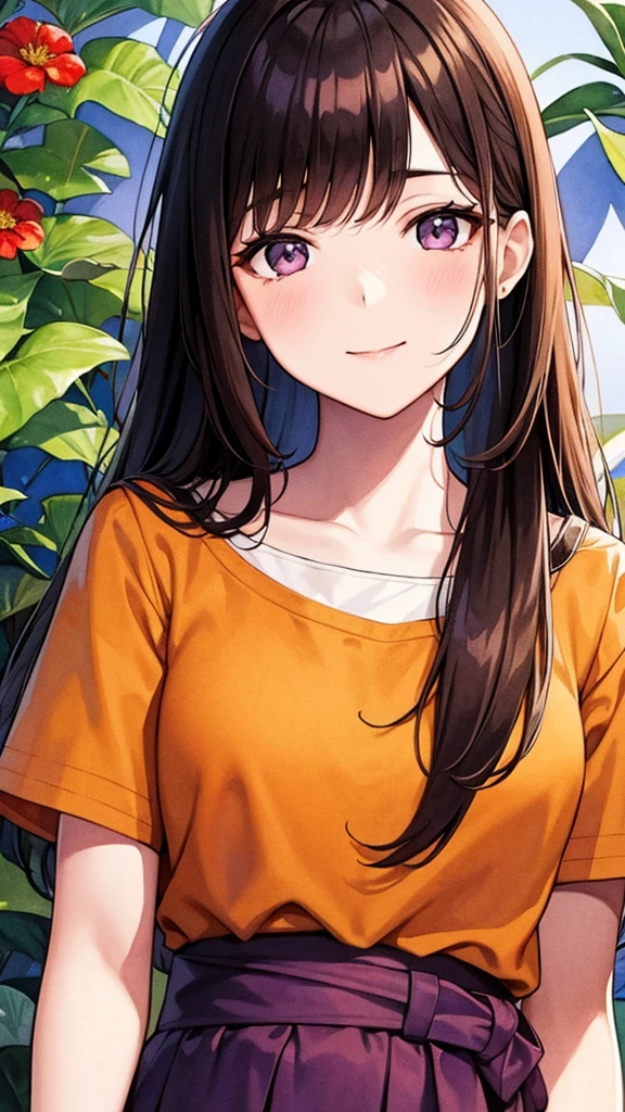 watercolor, 1girl, solo, flower, long hair, smile, shirt, looking at viewer, short sleeves, red flower, floral print, black hair, purple flower, yellow flower, white shirt, orange flower, bangs, upper body, plant, blue flower, leaf, closed mouth, traditional media, brown hair