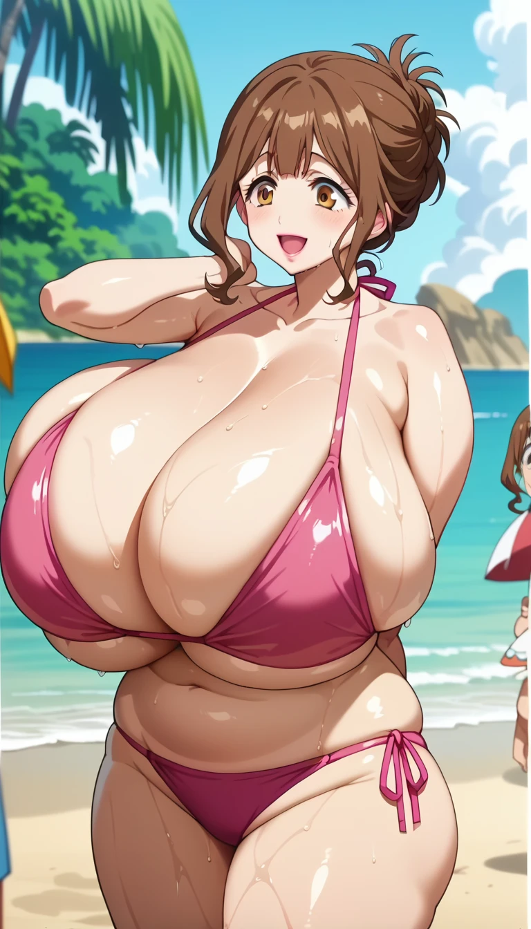 (from side:0.5),((anime screencap:1)),kazami torino,(gigantic :1.3),(wide hip,thick thighs,plump:1.1),brown hair,updo,lipstick,tareme,pink bikini,beach,sweat,wet,blush,smile,open mouth