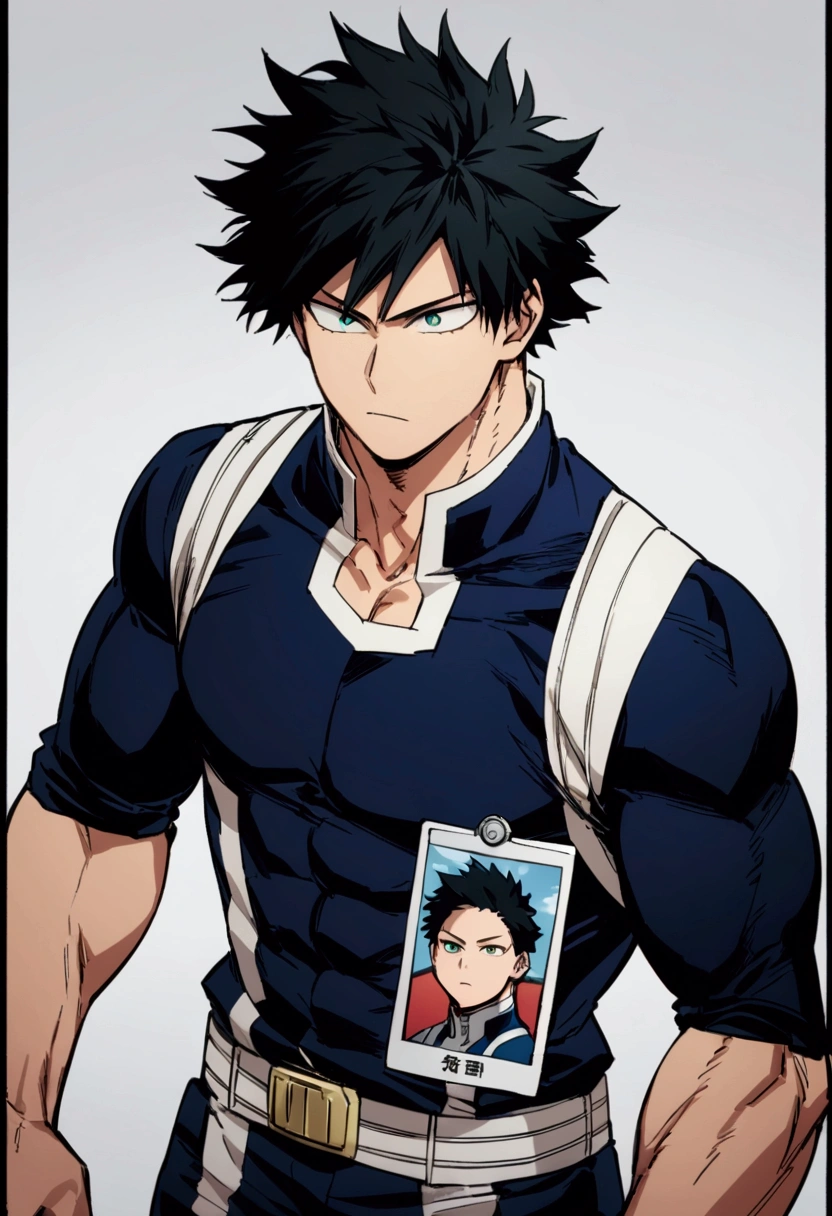 He is a 17 year old teenager, He has slightly disheveled black hair..., somewhat light green eyes, looking straight ahead, identity card photo  , muscular body , He is dressed in the anime uniform. "my hero academia"