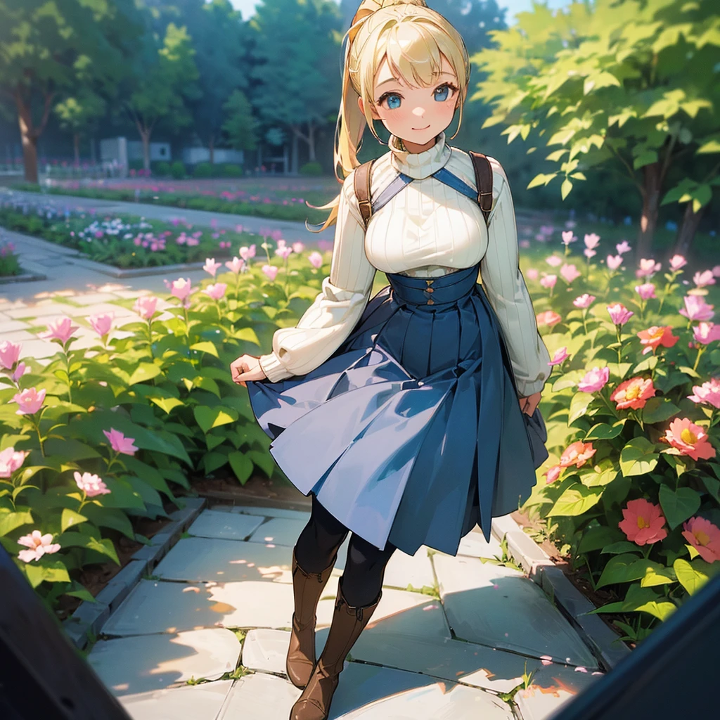 (high quality, High resolution, Very detailed, reality:1.37), Peaceful atmosphere, (Outdoor, garden),  girl standing alone, (my breasts are big.), Beautiful details, Cute Smile, (Blonde Ponytail), Ribbed sweater, Blue Skirt, Black tights, Brown boots.