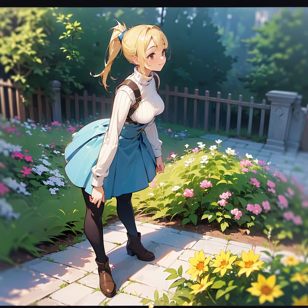 (high quality, High resolution, Very detailed, reality:1.37), Peaceful atmosphere, (Outdoor, garden),  girl standing alone, (my breasts are big.), Beautiful details, Cute Smile, (Blonde Ponytail), Ribbed sweater, Blue Skirt, Black tights, Brown boots.