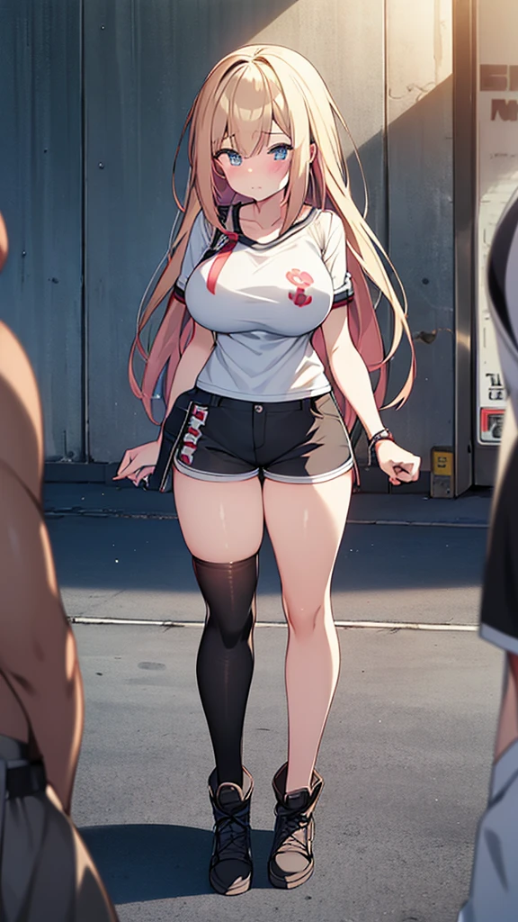 Full body image, front, One girl, 18-year-old, Mix 4, (32K, RAW Photos, Highest quality, masterpiece:1.2), (Anime-like, photoAnime-like:1.37), cute, Short sleeve T-shirt,Shorts,Black knee socks, night, rain, Humidity, Professional Lighting, Photon Mapping, Radio City, Physically Based Rendering, Super Resolution, (Big Breasts:1.2), {{The biological weapon that had preyed on the younger sister took her place and reunited with the older brother.}}, Girl Skull, whole body, NSFW