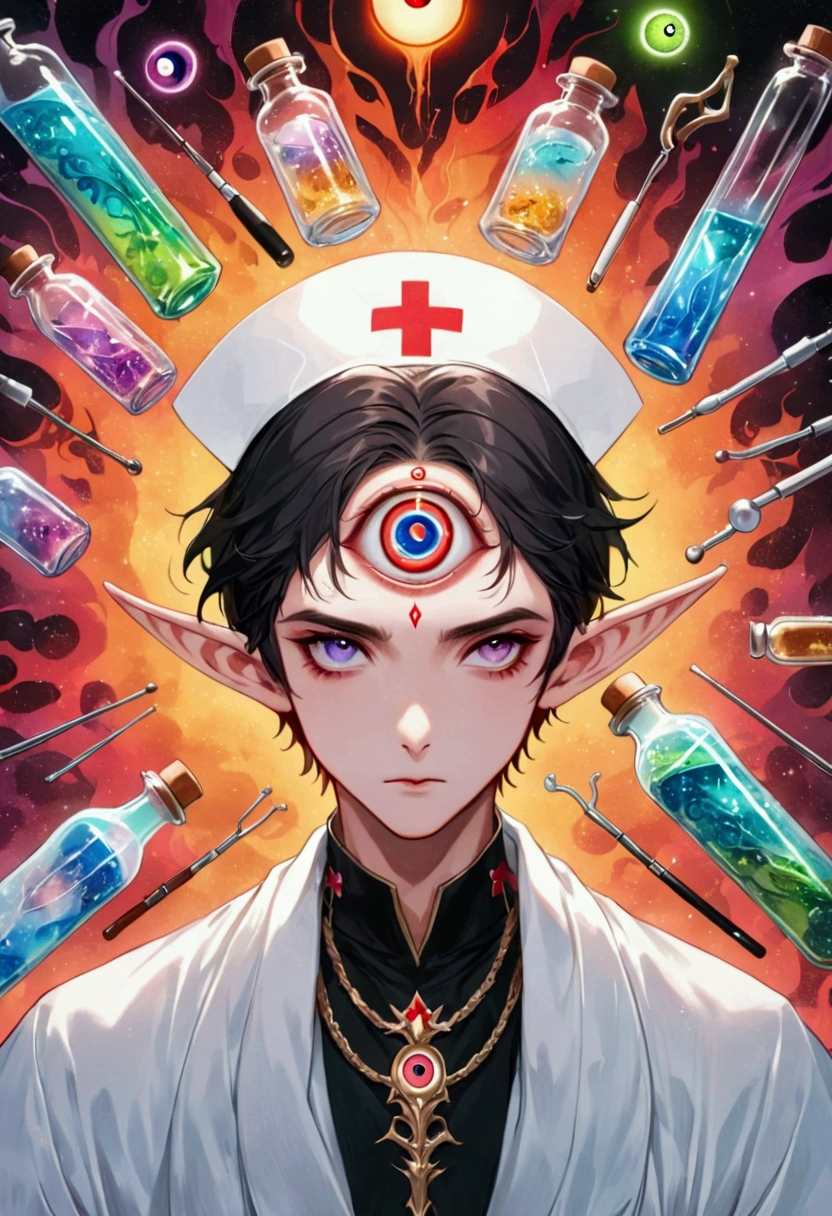 (((Lord Nether,short hair,独奏,third eye on the forehead,Elf ears))),(((robe:1.6,Eye Diagram,Dark Pattern))).(((Nurse hat,Infusion bottles,medical instruments))),whole body,Death Stare Background。body movements