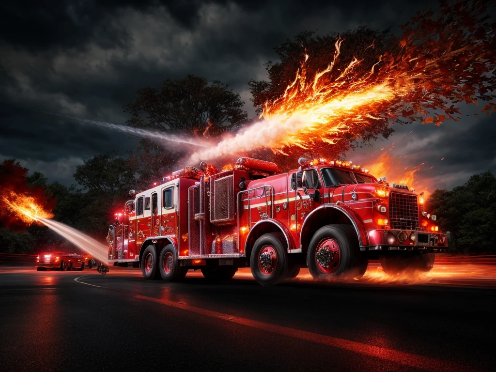 Firetruck, move very fast, detailed foliage, beautiful lighting, photorealistic, 8k, highly detailed, masterpiece, cinematic, dramatic, bright colors, dynamic composition, explosion background