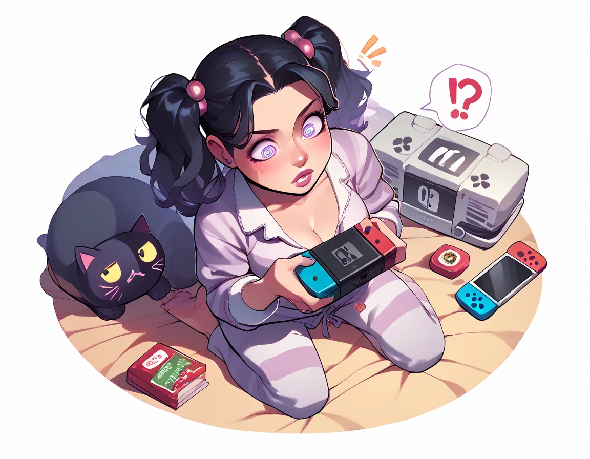 punctuation_9, punctuation_8_High above, punctuation_7_High above, punctuation_6_High above, punctuation_5_High above, punctuation_4_High above, BREAK 1girl, Nerd,Bblack hair, a cartoon image of a woman with a big breast, sitting on the cushion (blue in color), white scenario, with Nintendo switch in hand, fluffy chest, in pajamas(dressed as a black cat), anime cel shaded, Covered breasts and SFW, wearing pajamas(sitting on the cushion (blue in color), with a Nintendo Switch in hand), Kantai Collection Style, anime moe art style, , twintails brancos_mitts, seductive anime girl((dressed as a black cat)), brincando with a Nintendo Switch in hand(spiral eye)White background.