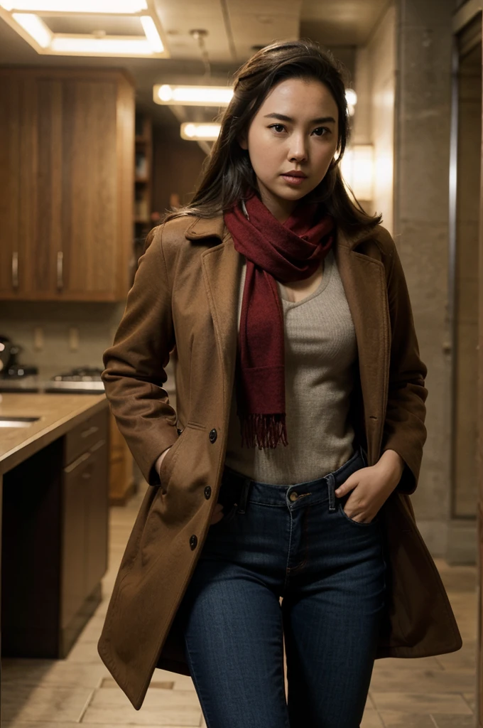 Jessica Henwick, brown coat, red scarf, black t-shirt, blue jeans.