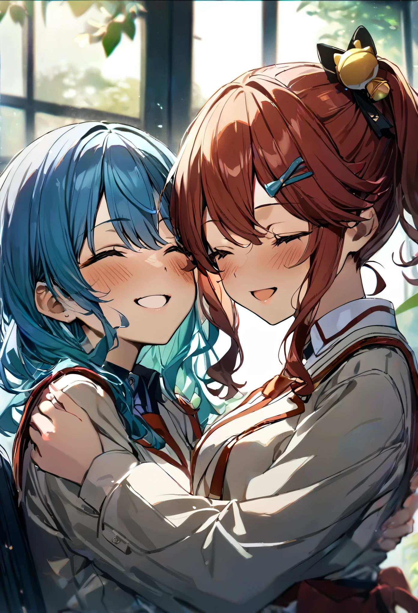 (((2girls))), together, two people, masterpiece, best quality, integrated scenery, integrated background, extremely delicate and beautiful, meticulous details, good composition, closed_eyes, cute face, perfect face, perfect hands, fingernails, sakura miko, SakuraMiko, HoshimachiSuisei, hoshimachi suisei, blurry background, sunlight, light blush, ((school)), upper body, looking each other, smile, , (hugging each other),in_school,sunlight,kissing,