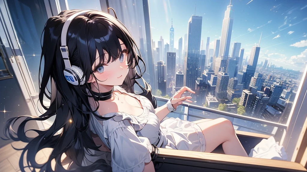 Ultra-high resolution, 8k, (Masterpiece, mysterious:1.2), Works by Makoto Xin Haicheng, Lo-fi feel, Perfect human body engineering, 1 female, 光りSparkling Eyes, Sparkling Eyes, Idol, White ruffled dress, Shiny long black hair, Larger than average bust, Listening to music through headphones, Looking out the window, A room with musical instruments, city view from the window, Impressive cityscape, Bright Sky, meteor, Wide angle, Before dusk