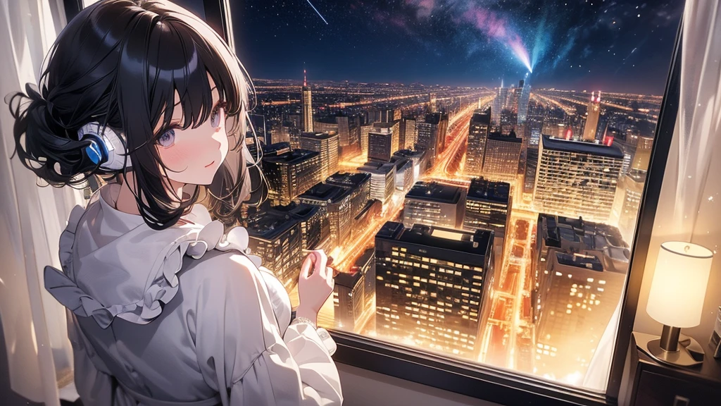 Ultra-high resolution, 8k, (Masterpiece, mysterious:1.2), Works by Makoto Xin Haicheng, Lo-fi feel, Perfect human body engineering, 1 female, 光りSparkling Eyes, Sparkling Eyes, Idol, White ruffled dress, Shiny long black hair, Larger than average bust, Listening to music through headphones, Looking out the window, A room with musical instruments, city view from the window, Impressive cityscape, Bright Sky, meteor, Wide angle, Before dusk