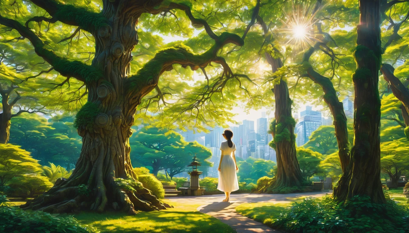 "In strong sunshine、Back view of a young woman standing in the shade of a tree in a park in Tokyo、White dress", Highest quality, masterpiece, so beautiful, Perfect composition, Intricate details, Very detailed 、 Highest quality, masterpiece, so beautiful, Perfect composition, Intricate details, Very detailed