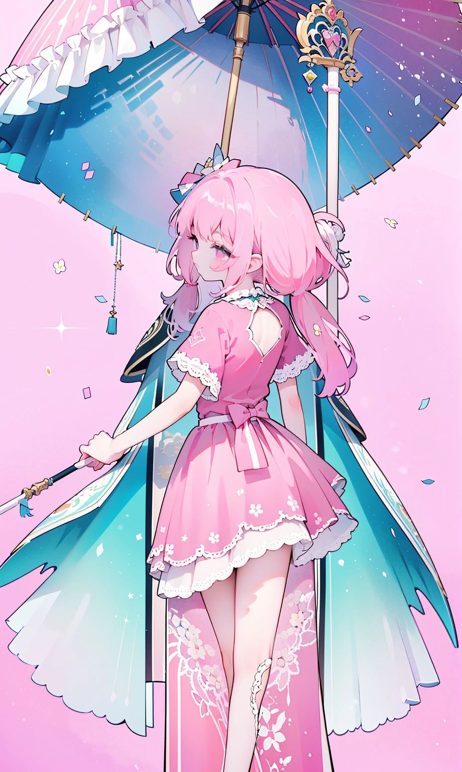(masterpiece:1.2), best quality, highres, original, (extremely detailed:1.2), ultra-detailed, wallpaper, perfect lighting,(extremely detailed CG:1.2), 8k, 1girl, solo, kawaii, (twintails, pink hair:1.1), (ta Fashion, pink dress, short-sleeves, bowknot on waistline, lace hemline, knee-length dress, delicate dress, holding umbrella:1.2), (anatomically correct:1.3), standing, close-up, from behind, view of back, (dreamlike background, pink background, girly background:1.2)