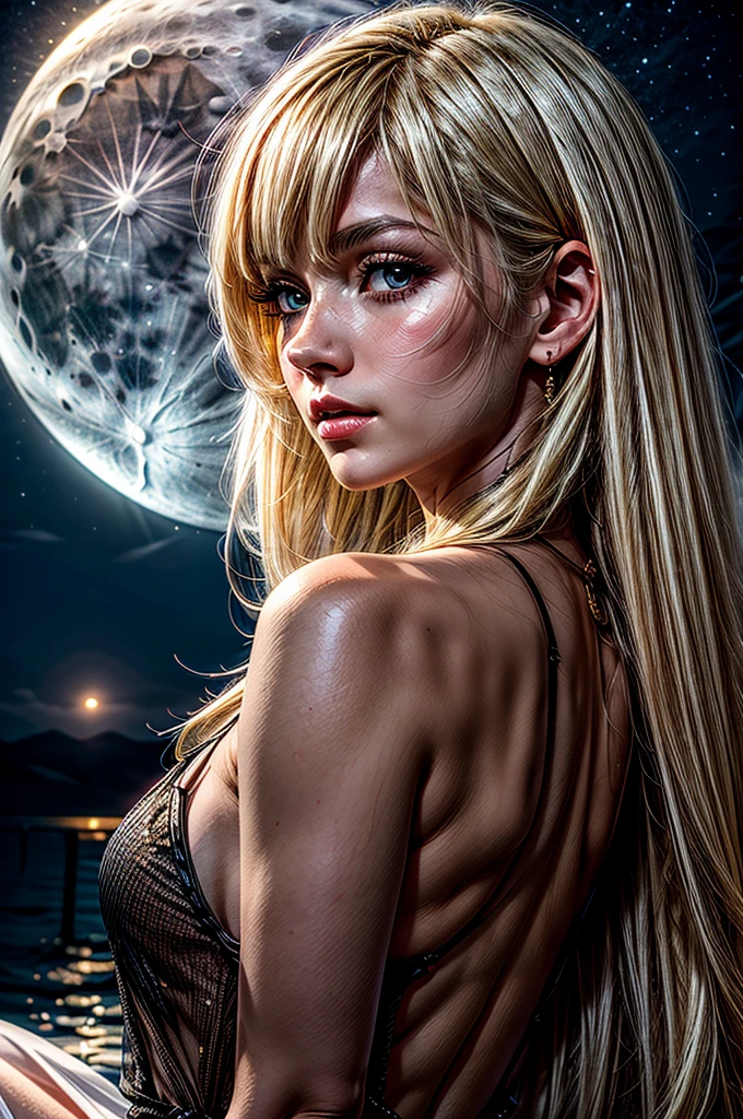 1woman, moon background, reflective ground, abstract, sitting, from side, shiny skin, blush, beautiful face, green eyes, blonde hair, long hair, red nail polish, cleavage, flower tattoo, jewelry, magical, looking at viewer from side