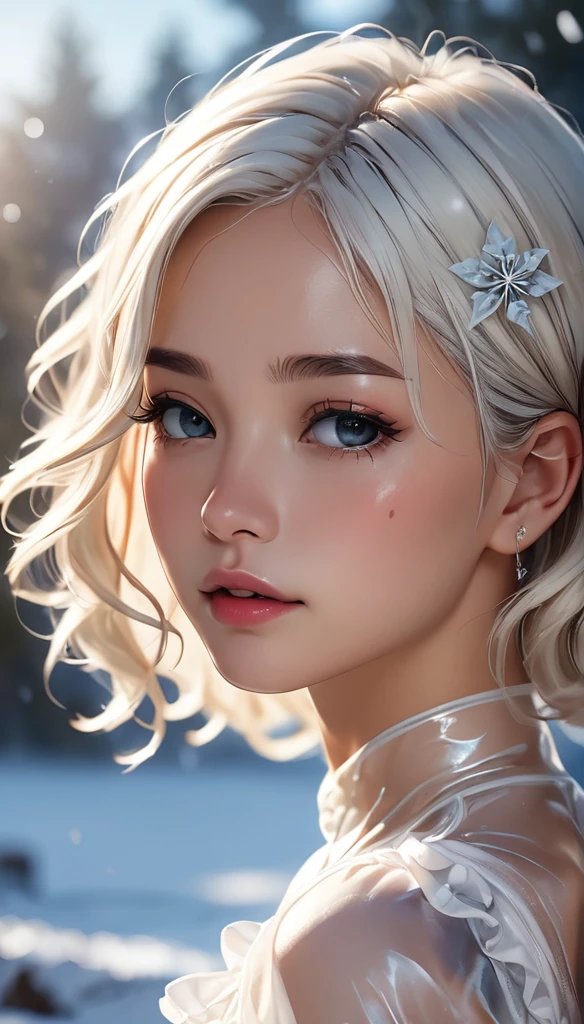 (((masterpiece))),best quality,illustration,4k wallpaper,movie lighting,absurd,1 girl,(snow,ice),snow flower,in winter,white hair,shiny hair,curls,transparent clothes,frills,lace,wet clothes,leave_Shoulder,hair tie,masterpiece,telephoto lens,absurd,Exquisite face,features,natural light,soft light,(Seven-part combination),epic,Dreamy and magical,mystery,