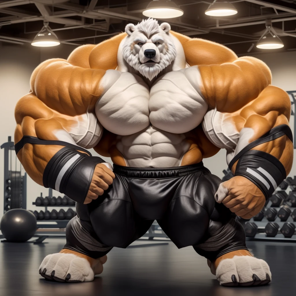solo, 1boy, Huge Muscular White Polar Bear, huge white fur, pectoral, huge pectoral, wide pectoral, short white hair, ((really big muscle, massive muscular, sixpack, thick arms, huge fluffy white fur, wide pectoral, super huge muscle, hyper muscular, over sized muscle, huge arms, big arms, huge pectoral)), black kickboxing MMA shorts, black toeless wootwear, fingerless kickboxing fighting gloves and shirtless and topless, white bearded, white Mustache, white fur, grey eyebrows, gym fitness center background, masterpiece, high detailed, 8k, high resolution, at the gym, flexes huge thorax, looking at the viewer, acting all hunk