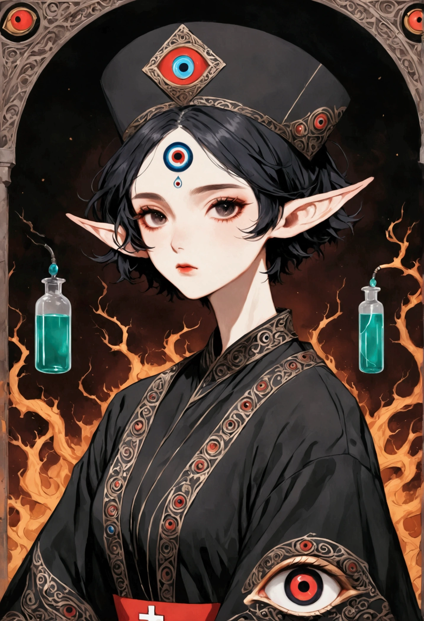 Gothic Dark Art,(((Lord Nether,short hair,独奏,third eye on the forehead,Elf ears))),(((robe:1.6,Eye Diagram,Dark Pattern))).(((Nurse hat,Infusion bottles,medical instruments))),whole body,Death Stare Background。body movements