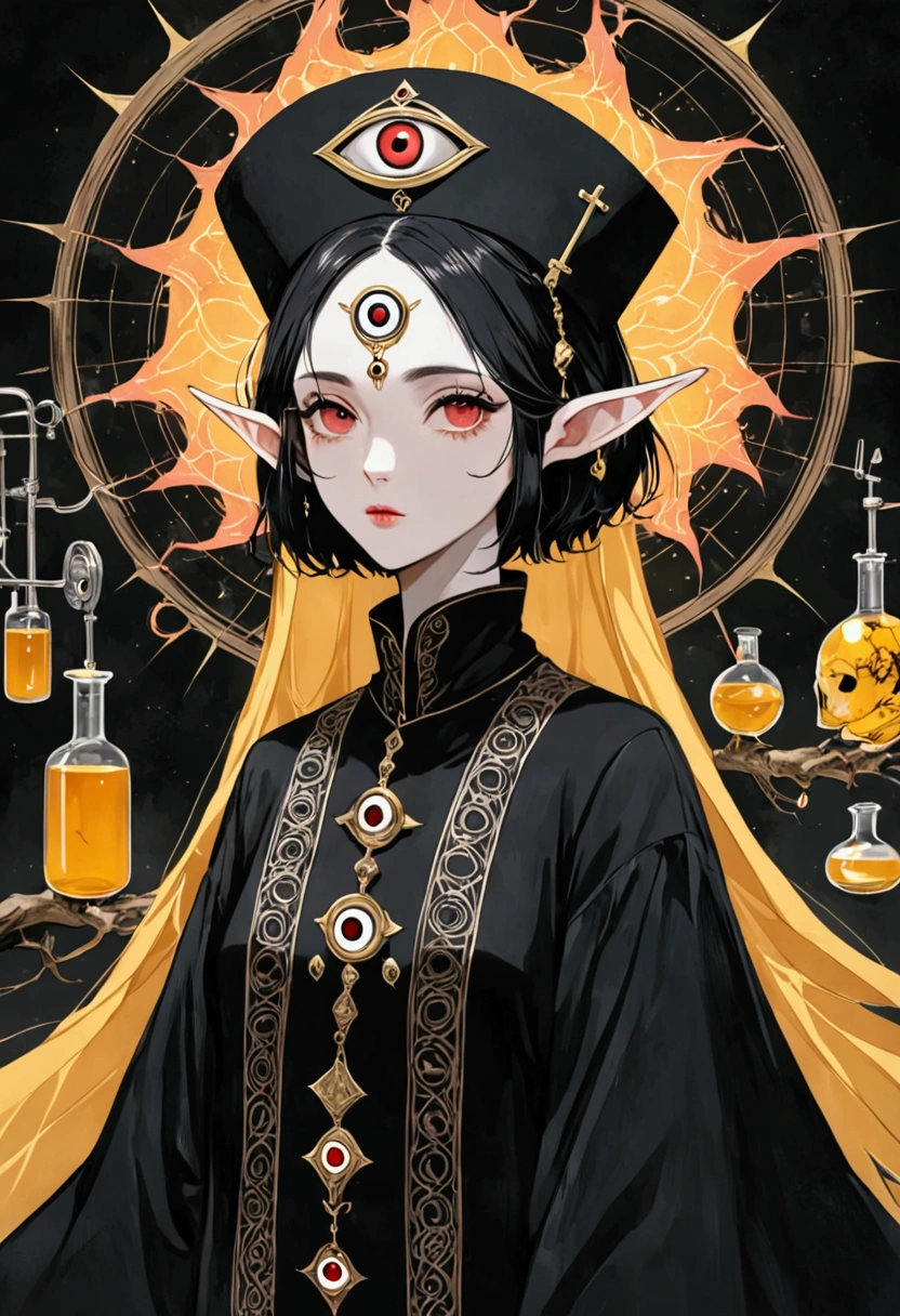 Gothic Dark Art,(((Lord Nether,short hair,独奏,third eye on the forehead,Elf ears))),(((robe:1.6,Eye Diagram,Dark Pattern))).(((Nurse hat,Infusion bottles,medical instruments))),whole body,Death Stare Background。body movements