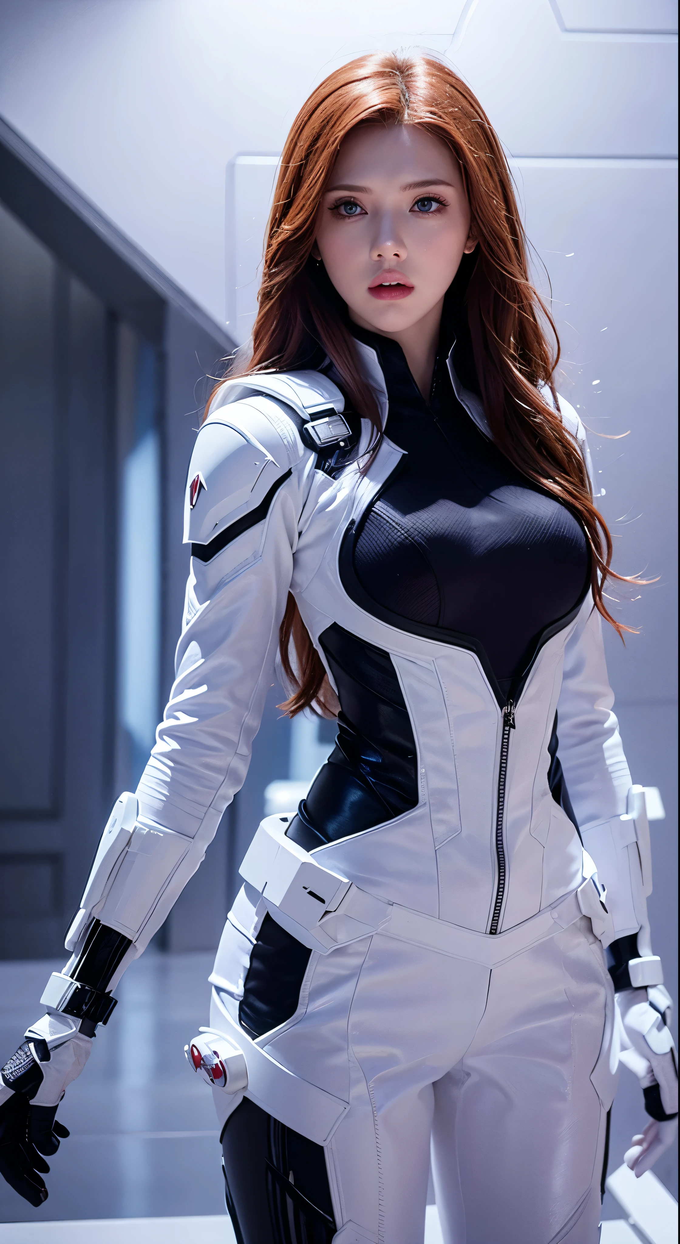 with high definition images，Natasha Romanoff Details、Surreal、Bright design、　In a white armored suit、Attractive facial details、Beautiful attractive seductive beauty，Scarlett Johansson&#39;s face details、Focus on the audience、 Front view，Smile confidently in public in Times Square。Best Images