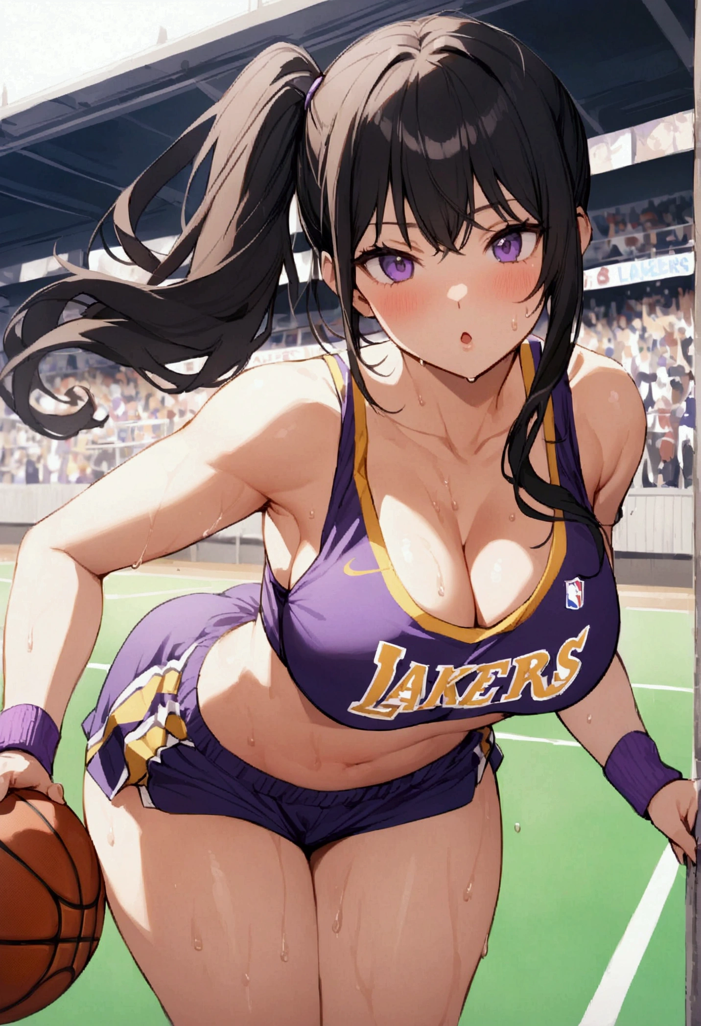 One woman、beautiful girl、high school girl、basketball、Basketball uniform、Lakers uniform、Wristband、Side Ponytail、Long Hair、Basketball Stadium、Take a jump shot、The stands are packed、Highest quality, Thick thighs、Big Ass、Black Hair、Sweaty body、Number 14、Take the shot、Her uniform flips up and her bra is visible、Black bra、The opposing team is on defense、Leaning forward