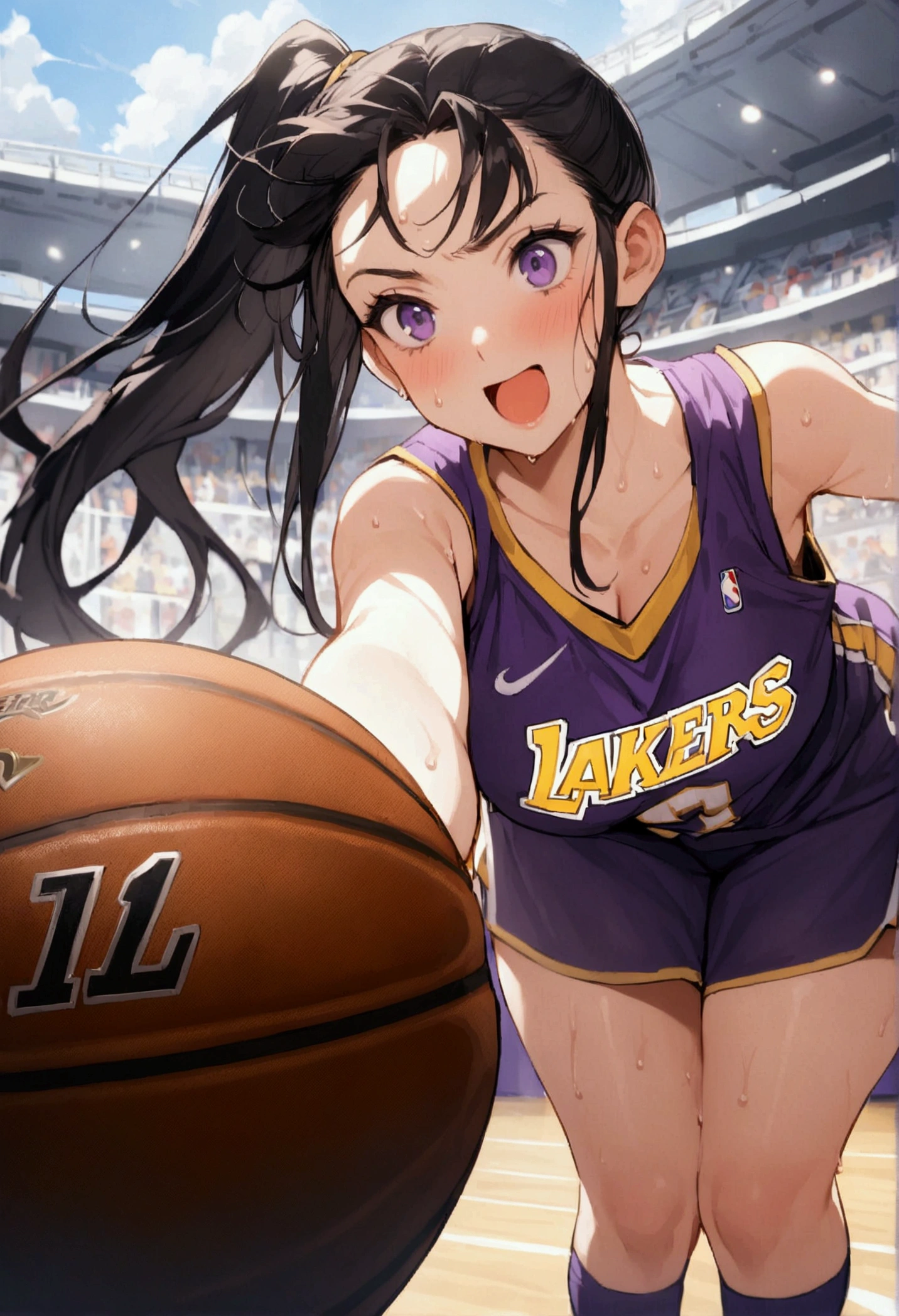 One woman、beautiful girl、high school girl、basketball、Basketball uniform、Lakers uniform、Wristband、Side Ponytail、Long Hair、Basketball Stadium、Take a jump shot、The stands are packed、Highest quality, Thick thighs、Big Ass、Black Hair、Sweaty body、Number 14、Take the shot、Her uniform flips up and her bra is visible、Black bra、The opposing team is on defense、Leaning forward