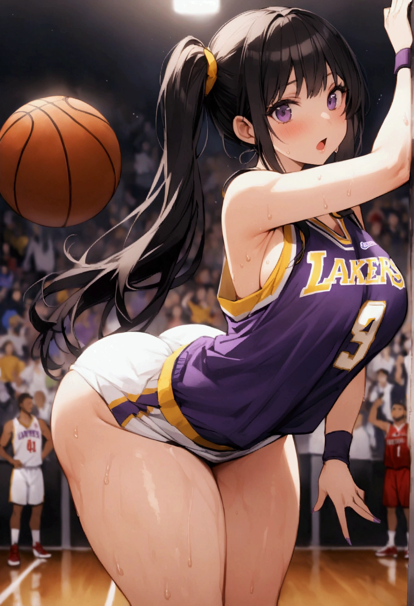 One Woman、beautiful girl、high school girl、basketball、basketballのユニフォーム、Lakers uniform、Wristband、ponytail、Long Hair、basketballスタジアム、Hit a 3-point shot、The stands are full、Highest quality,  Thick thighs、Big Ass、Black Hair、Sweaty body、Number 14、take a shot、Her uniform is flipped up and her bra is visible