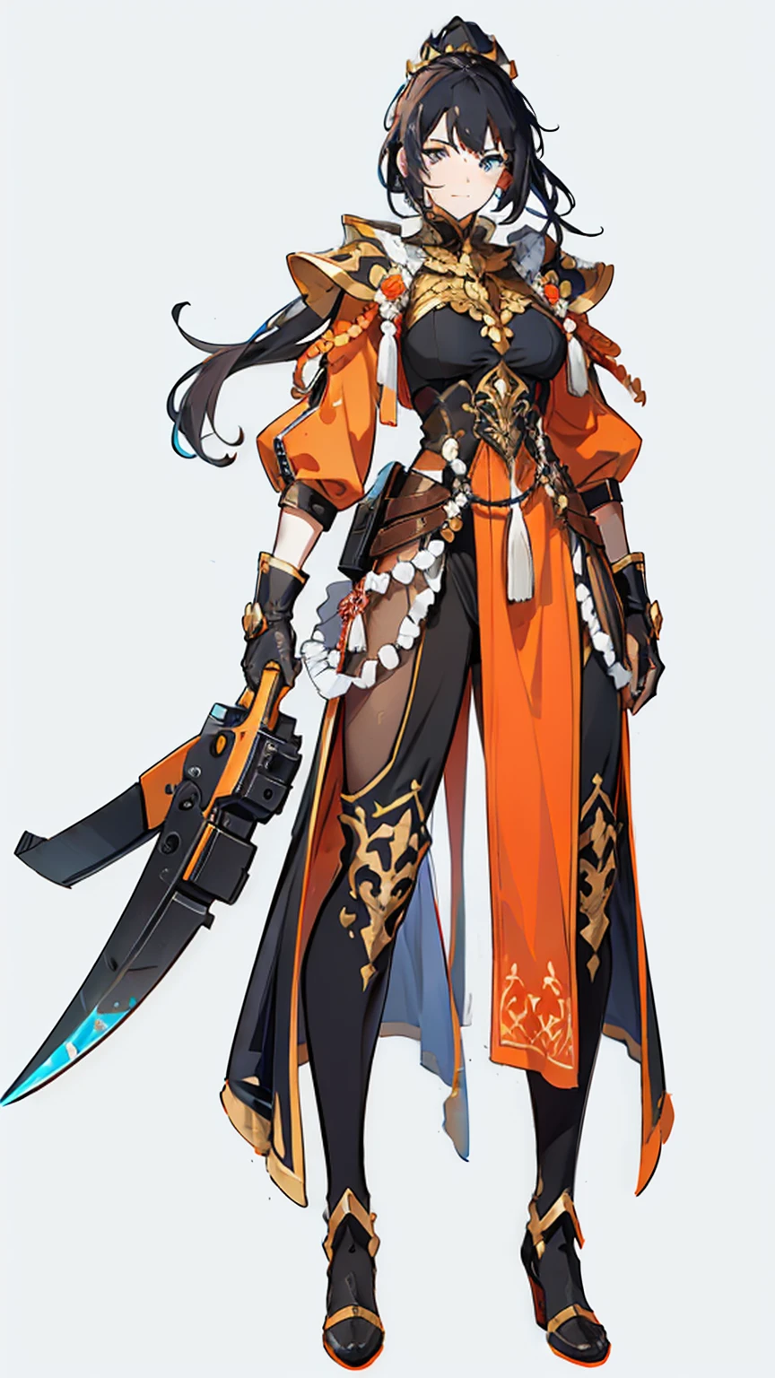 (((concept Art))), (((One character))), Female, (((Dark Skin)))), Black Hair with Ponytail, Light Blue Eyes, Round Glasses with a Slightly Dark Lens with this Lens being Orange, and the Light Blue Color frame, ((Black Metallic Gauntlets and Greaves with Orange and Silver Highlights)), (((The Clothes Have a Mix of Modern and Tribal))), (((The Clothes Have a Mix of Modern and Tribal))), having mostly the color black, but having parts in orange, shoulders exposed, at the hip a shorts that extend to half of the thigh of black color.