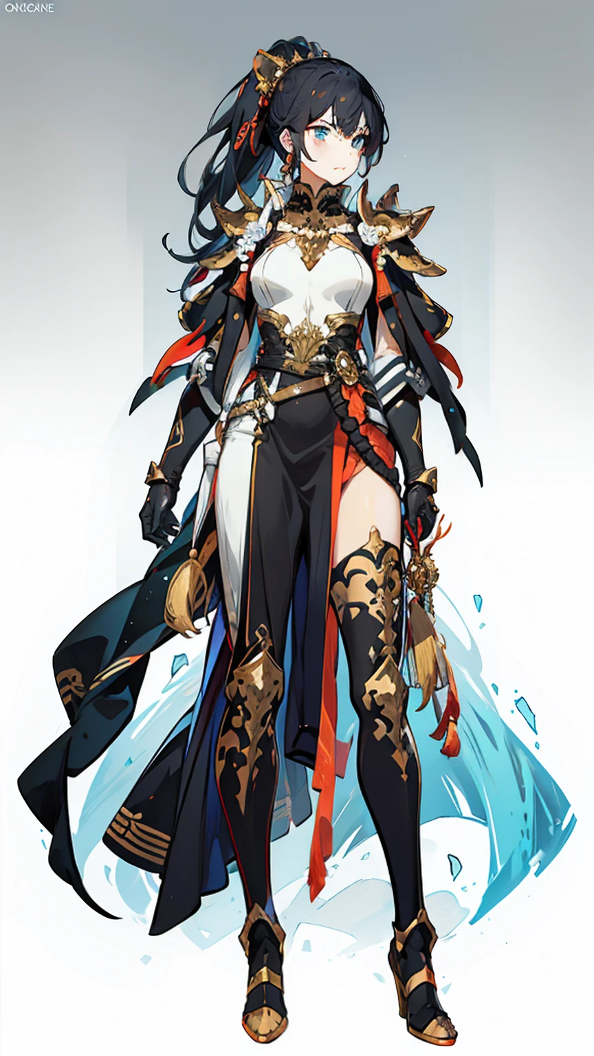 (((concept Art))), (((One character))), Female, (((Dark Skin)))), Black Hair with Ponytail, Light Blue Eyes, Round Glasses with a Slightly Dark Lens with this Lens being Orange, and the Light Blue Color frame, ((Black Metallic Gauntlets and Greaves with Orange and Silver Highlights)), (((The Clothes Have a Mix of Modern and Tribal))), (((The Clothes Have a Mix of Modern and Tribal))), having mostly the color black, but having parts in orange, shoulders exposed, at the hip a shorts that extend to half of the thigh of black color.