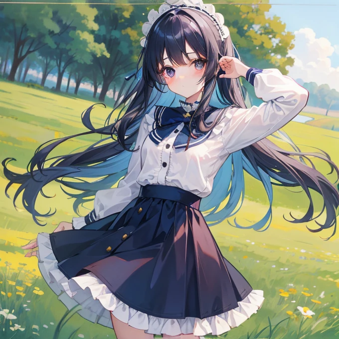 Long navy hair，Lolita Skirt，Fufu has a very cute face，It's a cute girl，In the grassland