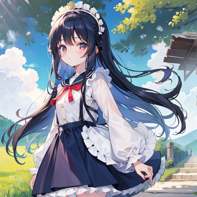 Long navy hair，Lolita Skirt，Fufu has a very cute face，It's a cute girl，In the grassland