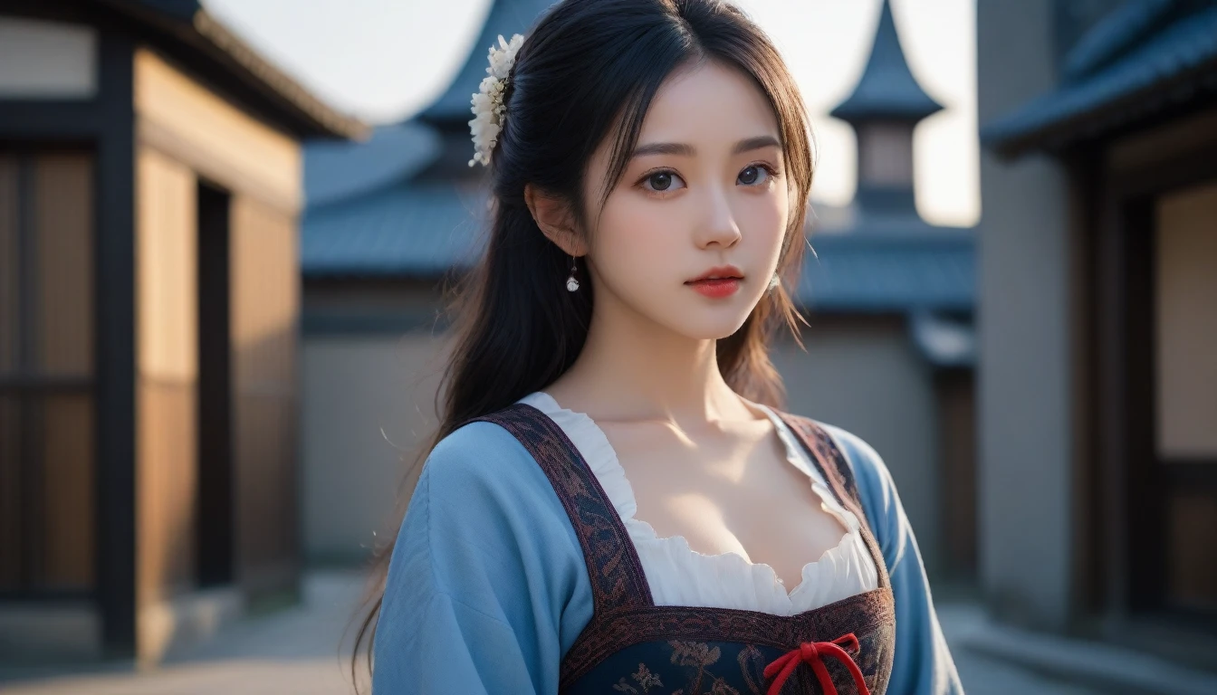 8k, Ultra-high resolution, Highest quality, masterpiece, 三分割法によるphotograph,Surreal, photograph, 1 Girl, (:1.3), pretty girl, Cute Face, Beautiful eyes in every detail, 細かくdetailedに,masterpiece,One Girl:1.2, Japan Female Announcer,extream close up,disgust,Long black hair,Loose curly hair,(Dressed in medieval European clothing:1.3),(印象派の美しい少女のPortraiture), (Standing in a medieval European square:1.3), (After the Rain), (Sunset reflection), (Impressionist light and colour),Realistic Skin, Perfect and beautiful face ,完璧でCute Face, Skin with attention to detail, Perfect limbs、Narrow waist,Looking at the audience、beauty,Long neck、(((Ideal body type))),A cup small breasts :2,Portraiture:2,Perfect Anatomy,鮮明なdetailed,detailed,Surreal,Light and shadow,darkness