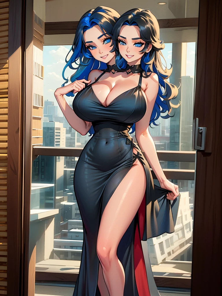 (16K), two headed woman, smiling, highres, masterpiece, ((black hair with blue highlights)),, ((different hair color)),cleavage, ((black dress:1.5)), lustrous and smooth skin, huge breasts, (mature woman), (blue eyes), (queen), seductive silhouette, ((slim hips)), casual dress, sexy proportions, Beautiful girl with accentuated slender abs, long legs, seductive woman